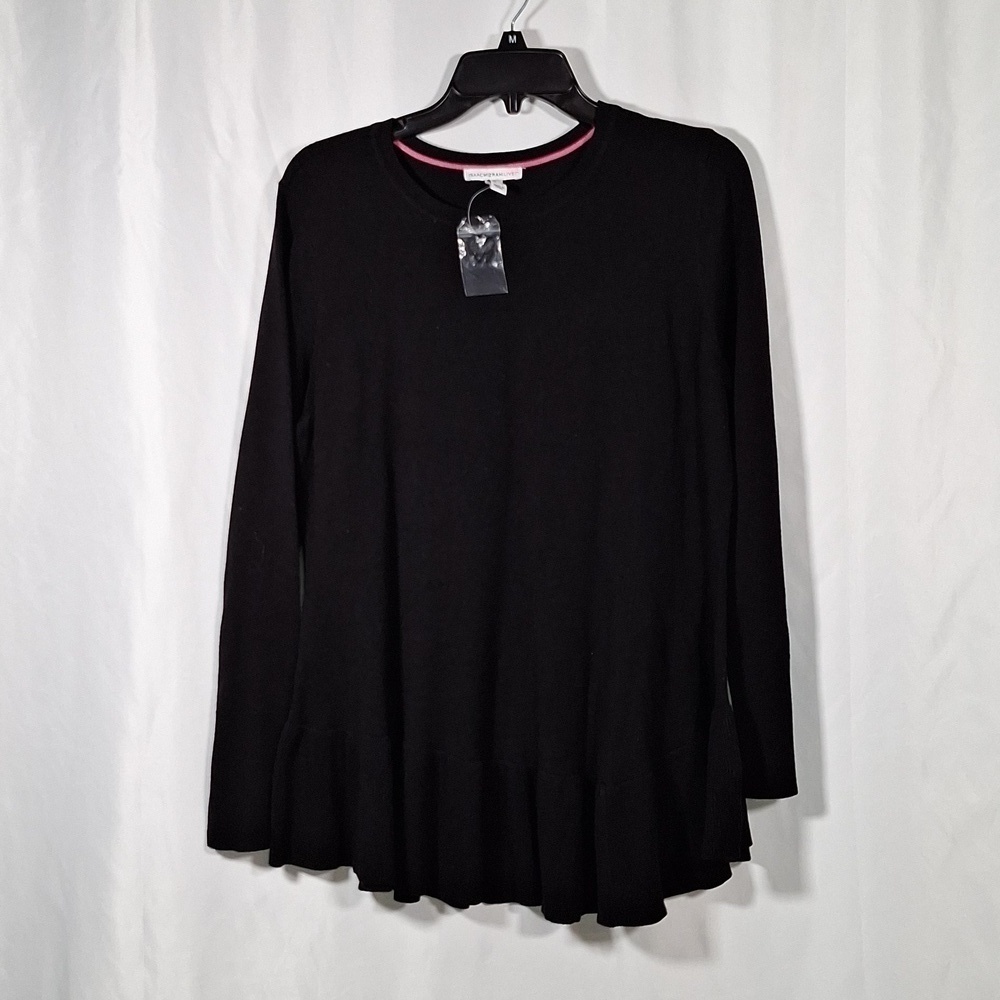 💚 Isaac Mizrahi Live Sweater Tunic Top Women's Black Ruffle Flare Hem